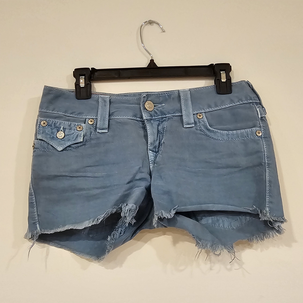 True Religion Aqua Blue Frayed Jean Shorts